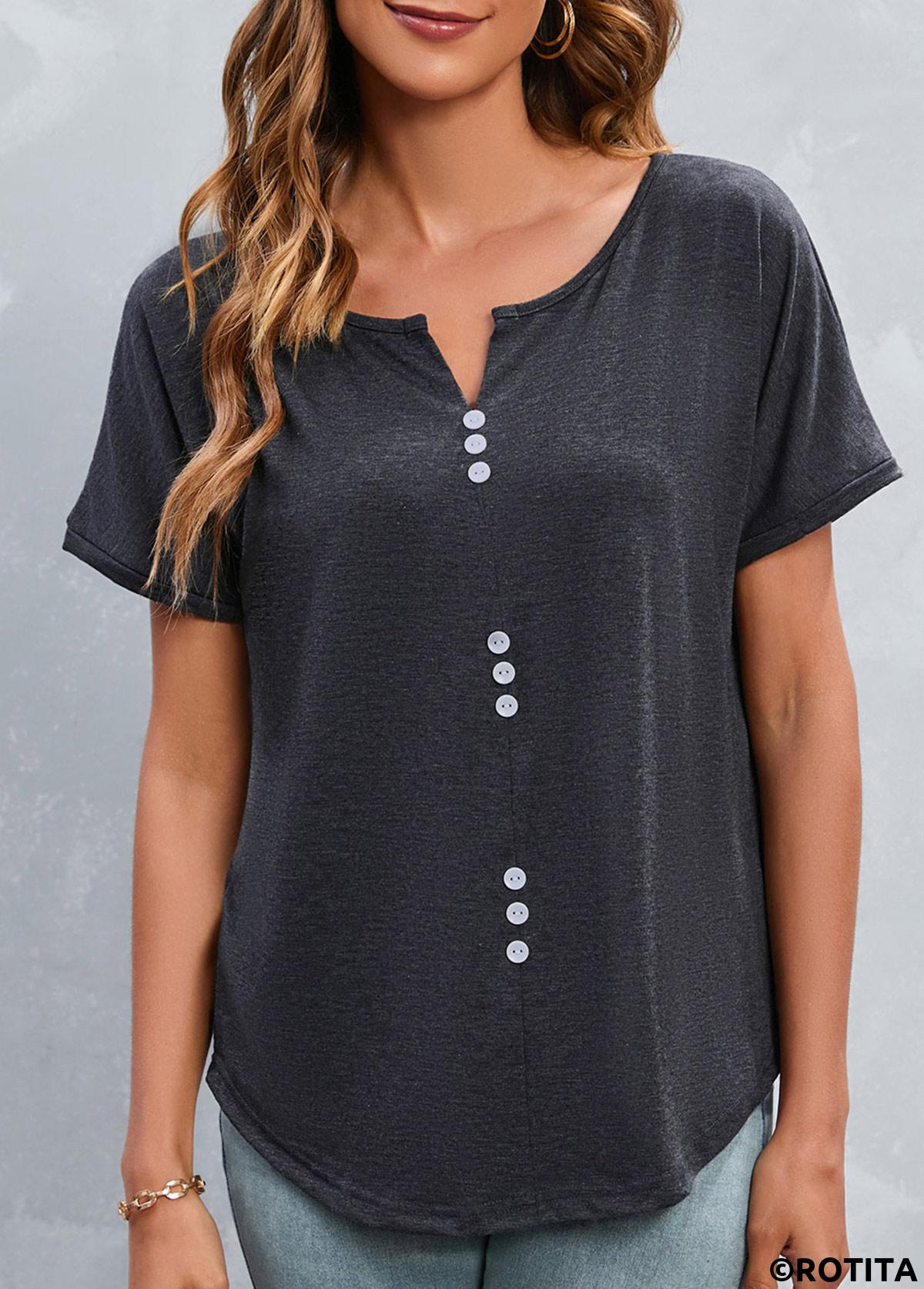 Dark Grey tops,Plain Color tops,Button Dark Grey Split Neck T Shirt