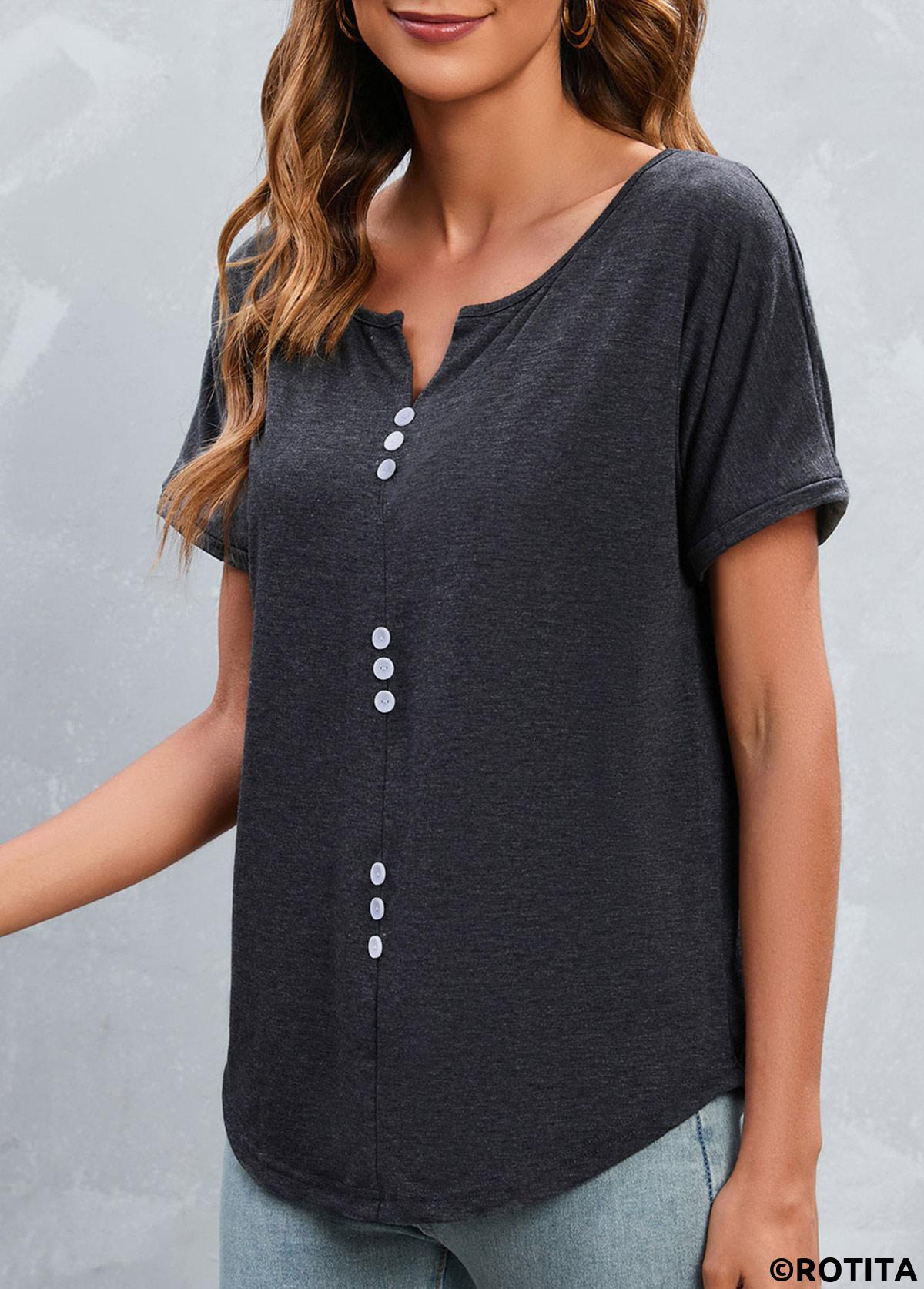 Dark Grey tops,Plain Color tops,Button Dark Grey Split Neck T Shirt
