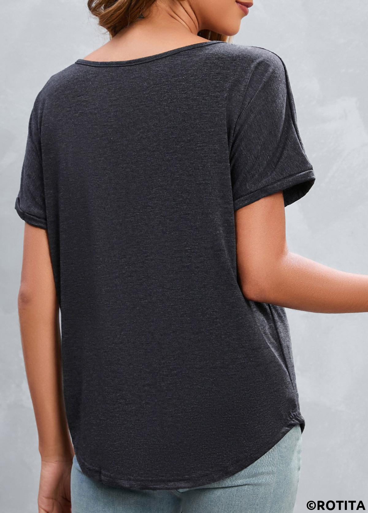 Dark Grey tops,Plain Color tops,Button Dark Grey Split Neck T Shirt