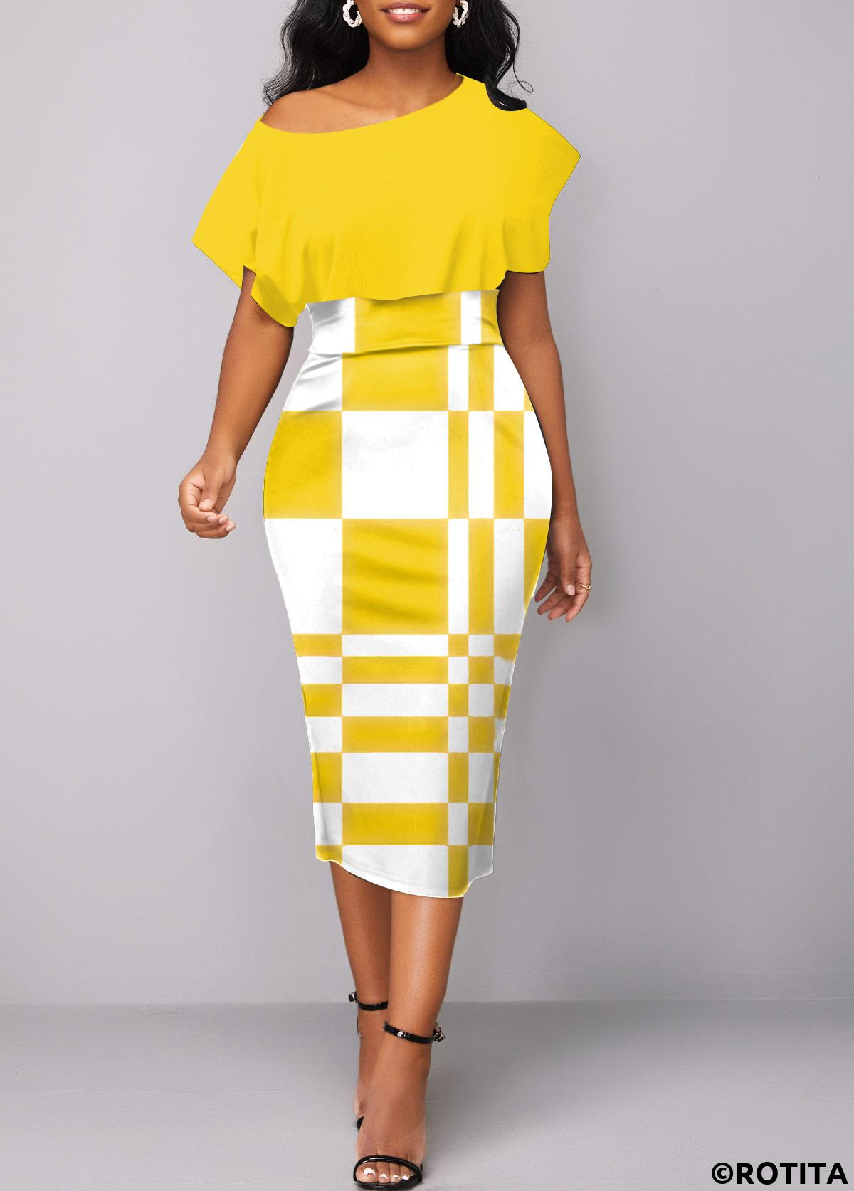 Yellow dresses,White dresses,Geometric dresses,Party dresses,Elegant dresses,ROTITA Asymmetry Geometric Print Yellow Boat Neck Bodycon Dress