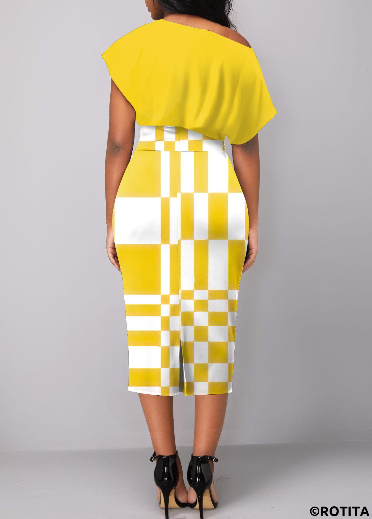 Yellow dresses,White dresses,Geometric dresses,Party dresses,Elegant dresses,ROTITA Asymmetry Geometric Print Yellow Boat Neck Bodycon Dress