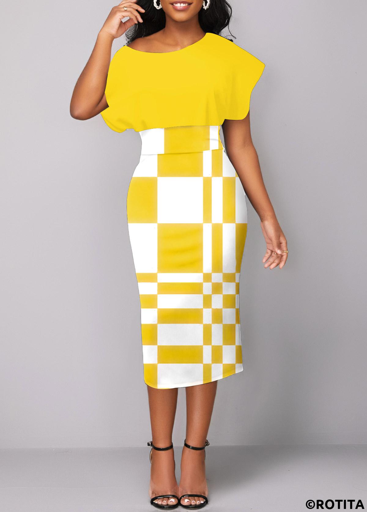 Yellow dresses,White dresses,Geometric dresses,Party dresses,Elegant dresses,ROTITA Asymmetry Geometric Print Yellow Boat Neck Bodycon Dress