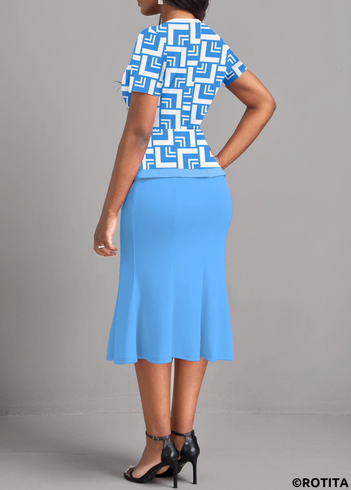 ROTITA Patchwork Geometric Print Light Blue Bodycon Dress