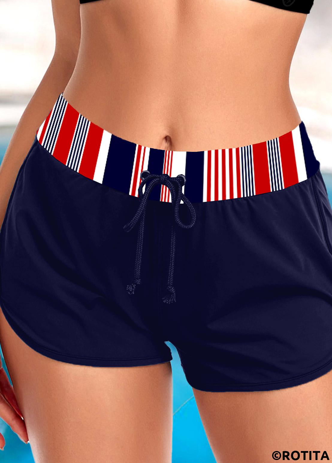 Navy swimwear,Striped swimwear,Geometric swimwear,ROTITA Navy Striped Mid Waisted Swim Shorts