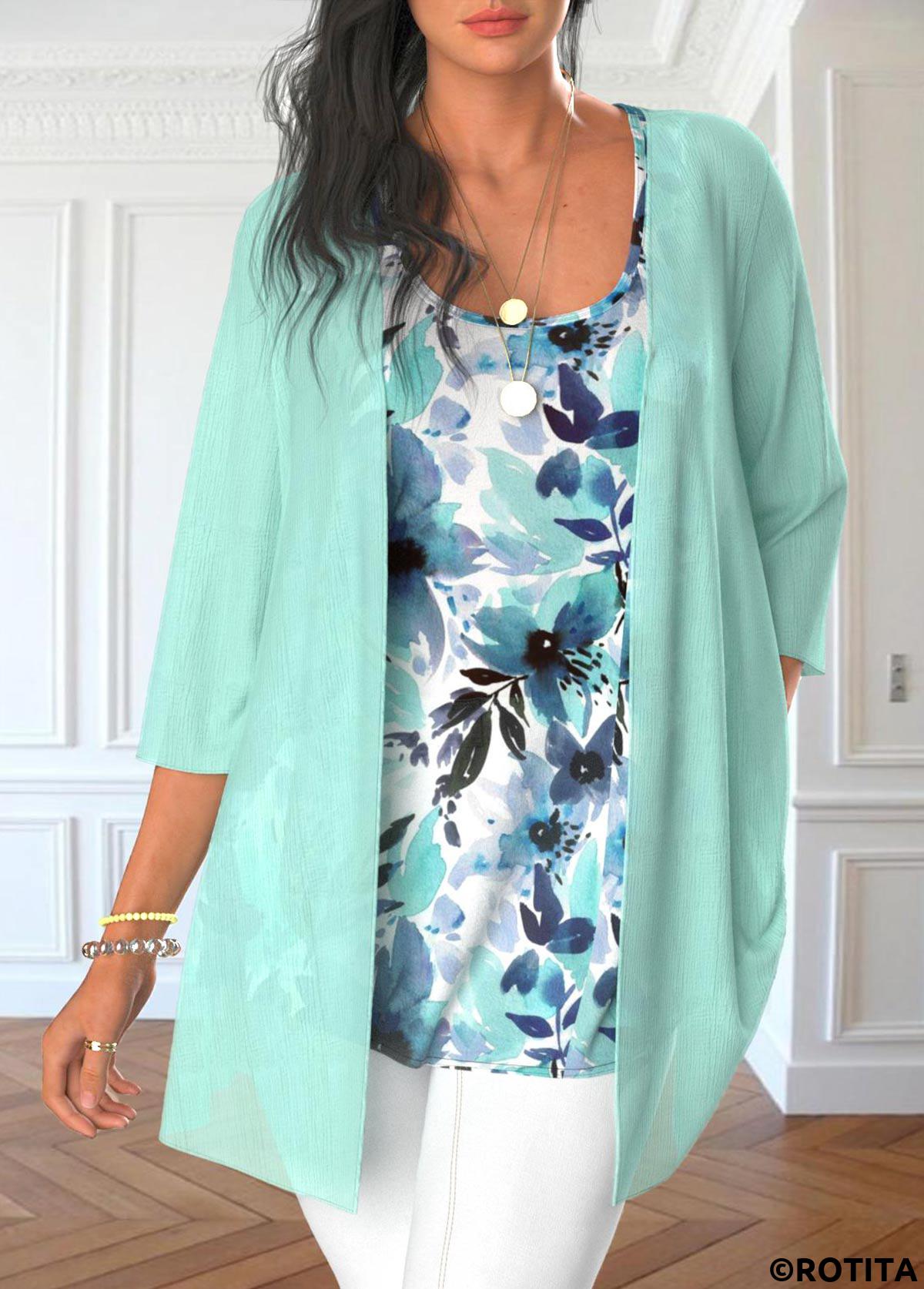 Mint Green tops,Floral tops,ROTITA Floral Print Mint Green Cardigan and Tank Top