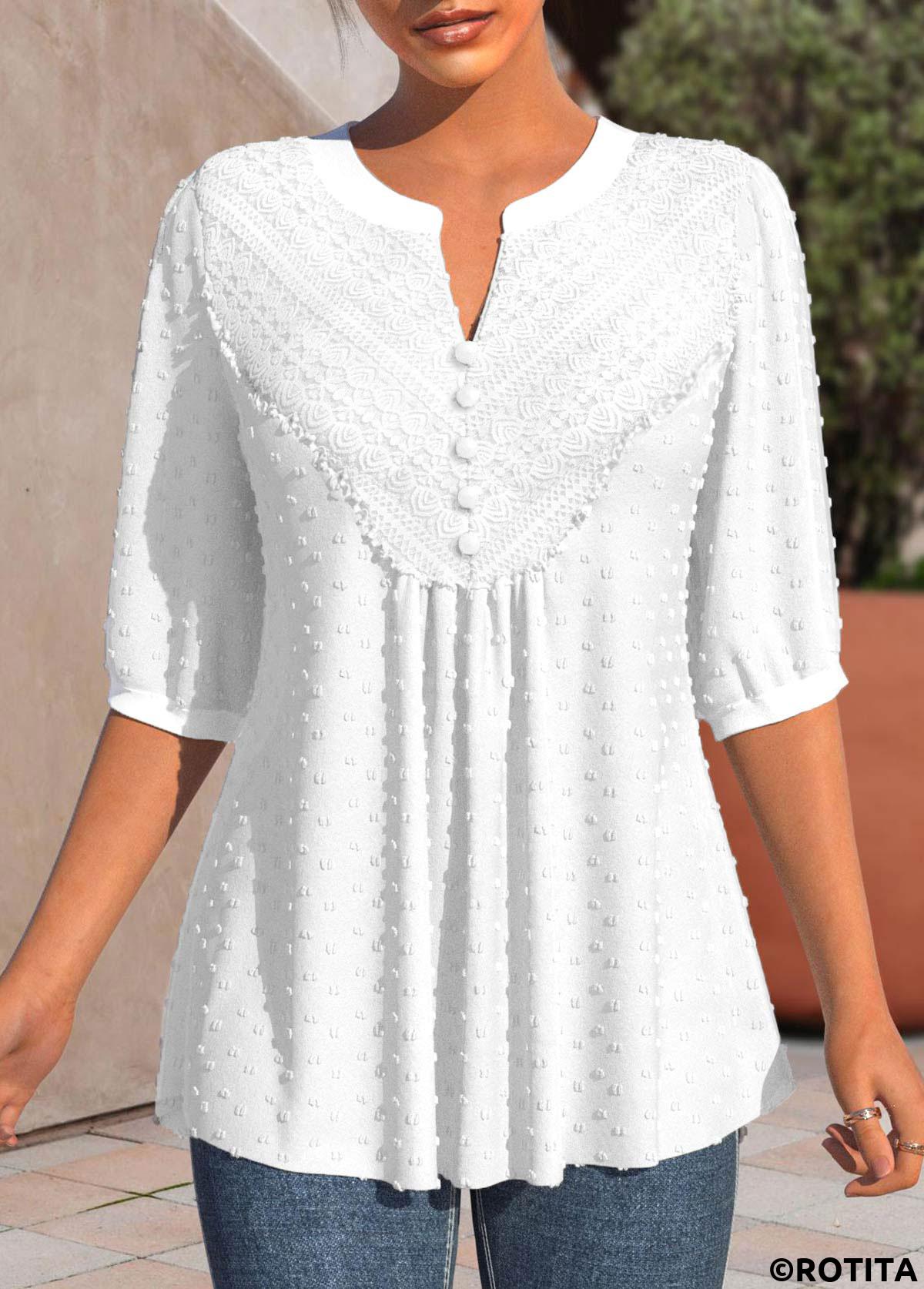 White tops,Plain Color tops,ROTITA Lace White Split Neck 3/4 Sleeve Blouse
