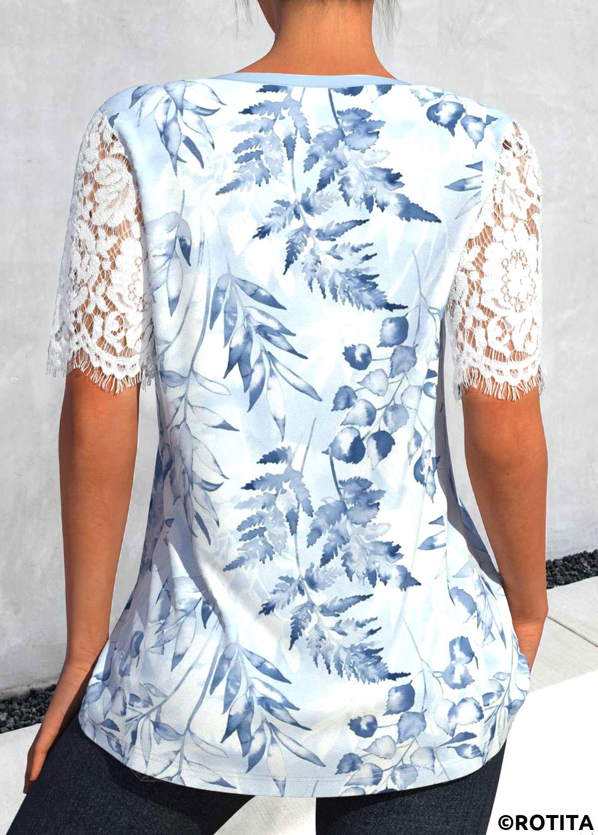 Light Blue tops,Floral tops,Plants tops,ROTITA Lace Floral Print Light Blue Split Neck Blouse