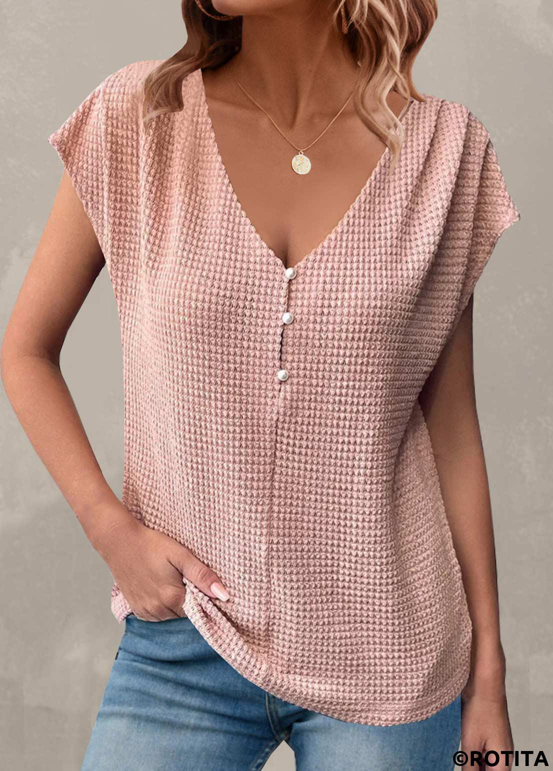 Dusty Pink tops,Plain Color tops,Button Dusty Pink V Neck T Shirt