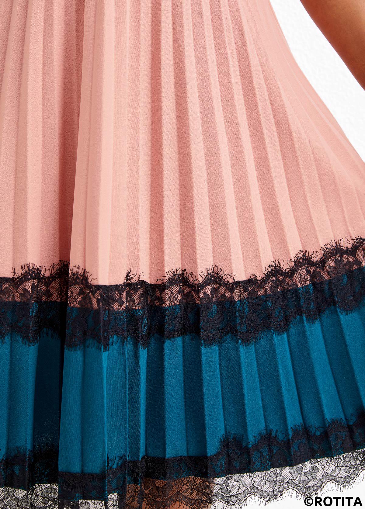 Dusty Pink dresses,Contrast Color dresses,Party dresses,Elegant dresses,Lace Dusty Pink Belted Round Neck Dress