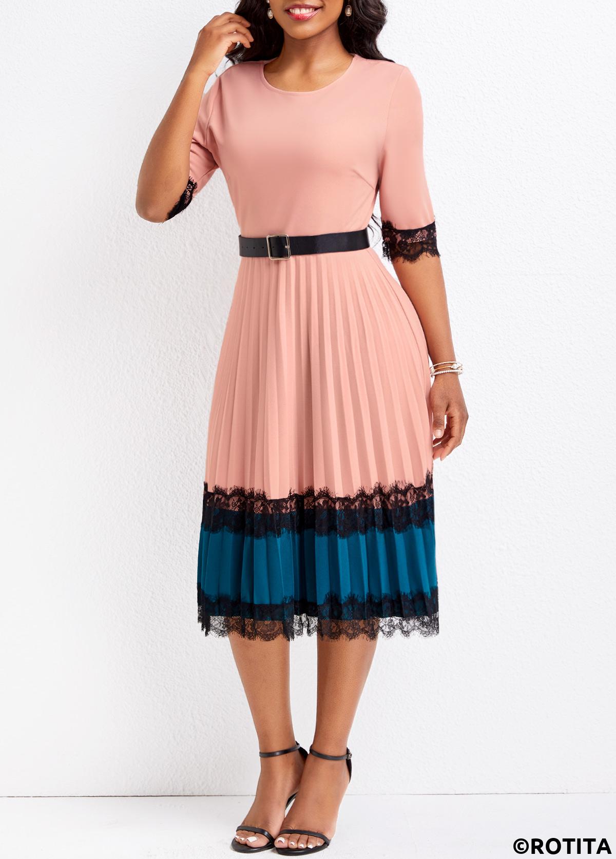 Dusty Pink dresses,Contrast Color dresses,Party dresses,Elegant dresses,Lace Dusty Pink Belted Round Neck Dress