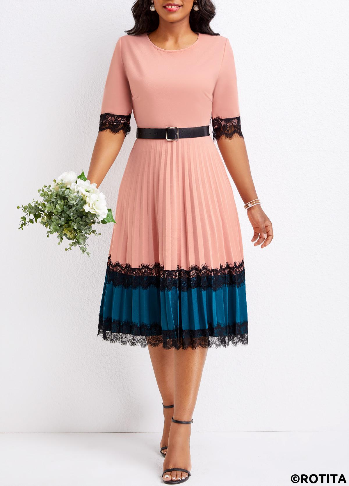 Dusty Pink dresses,Contrast Color dresses,Party dresses,Elegant dresses,Lace Dusty Pink Belted Round Neck Dress