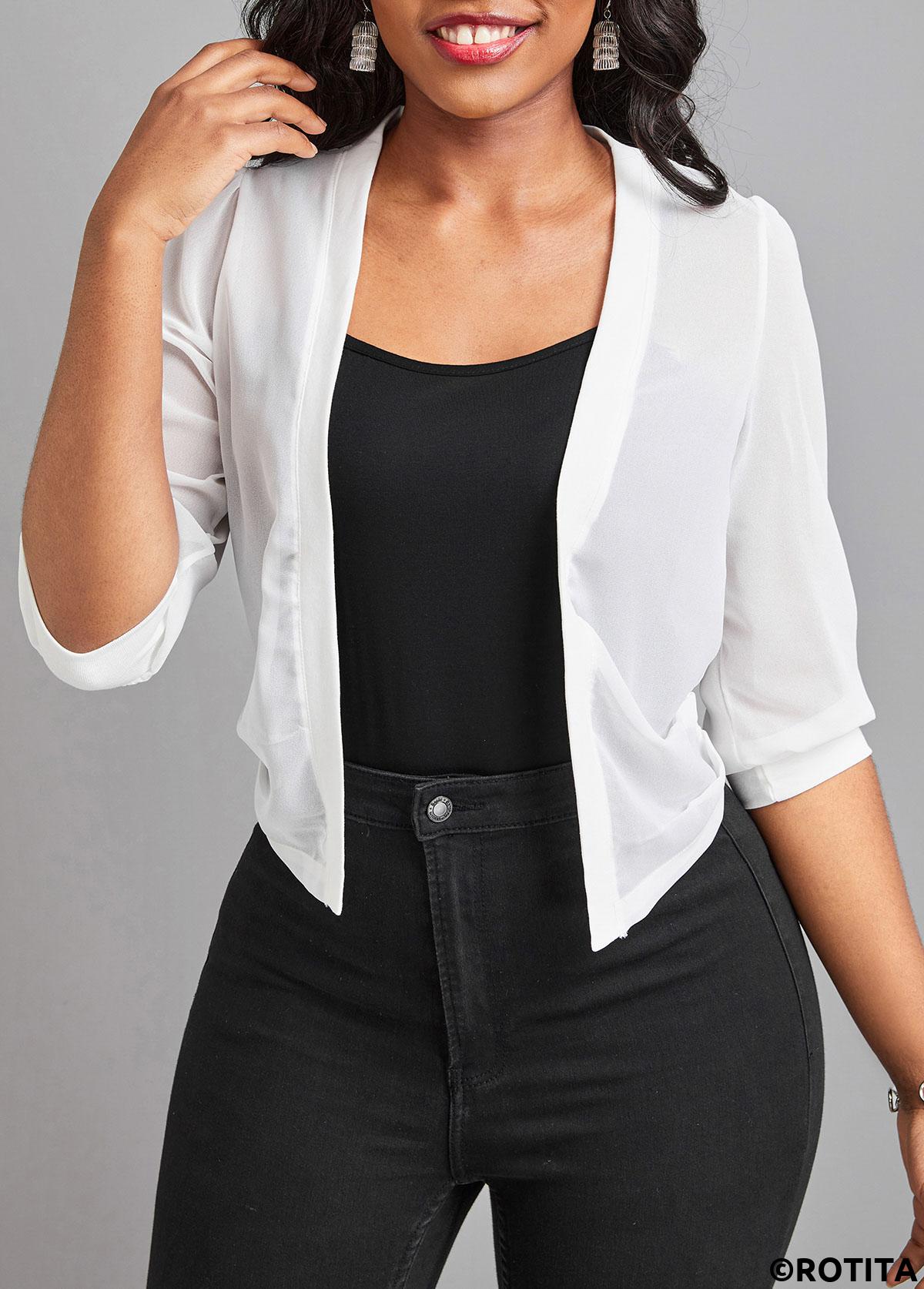 White tops,Plain Color tops,Lightweight White Open Front Half Sleeve Coat