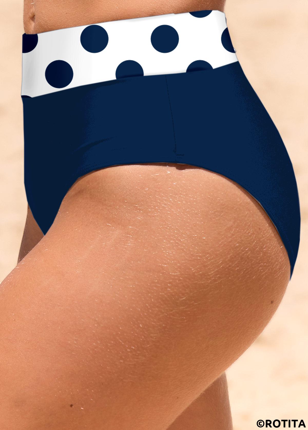 Navy swimwear,Dot swimwear,ROTITA Navy Polka Dot Mid Waisted Bikini Bottom