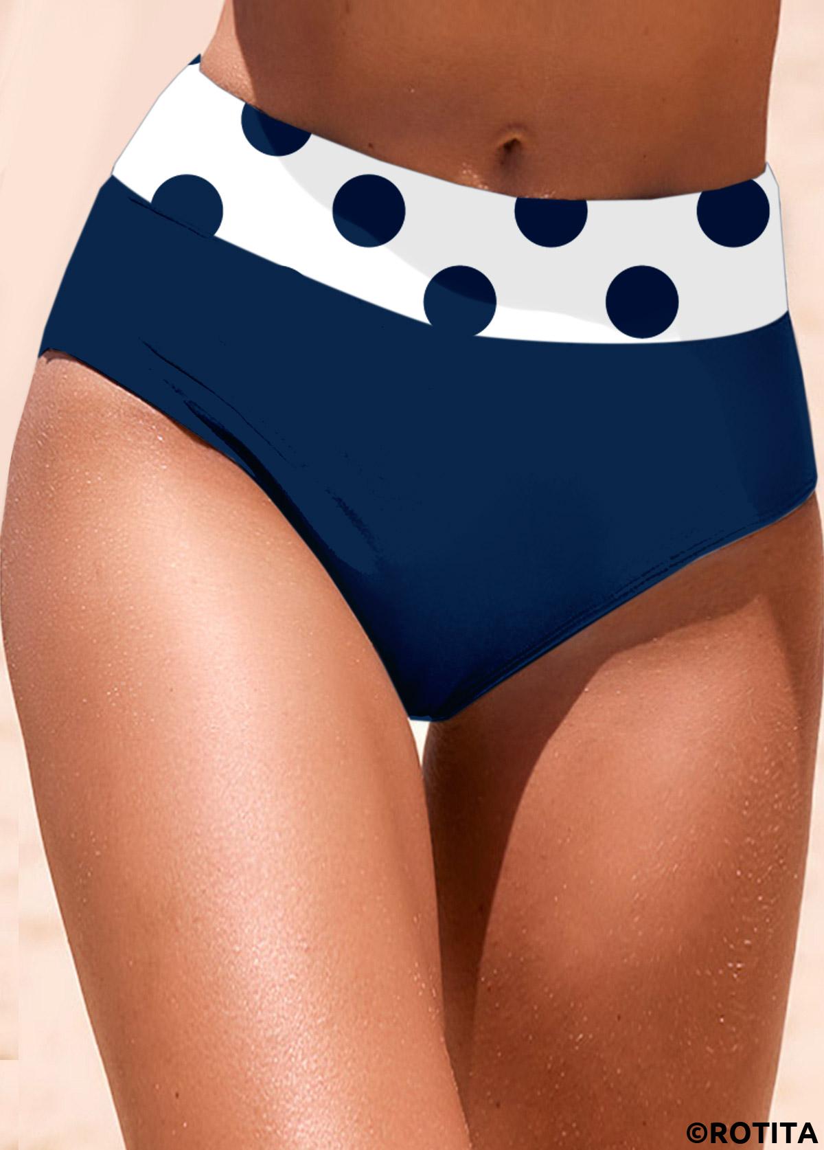 Navy swimwear,Dot swimwear,ROTITA Navy Polka Dot Mid Waisted Bikini Bottom