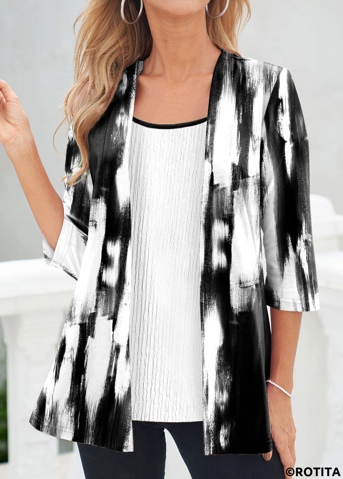 Black tops,White tops,Contrast Color tops,Tie Dye tops,ROTITA Fake 2in1 Black Tie Dye Print T Shirt