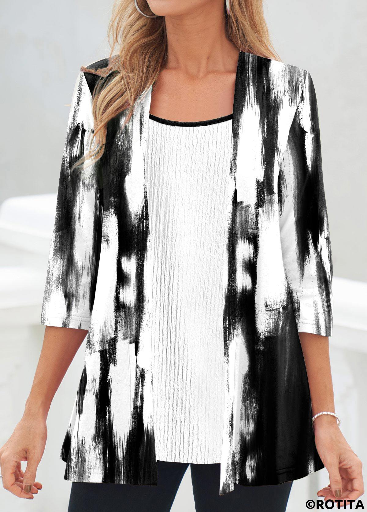 Black tops,White tops,Contrast Color tops,Tie Dye tops,ROTITA Fake 2in1 Black Tie Dye Print T Shirt