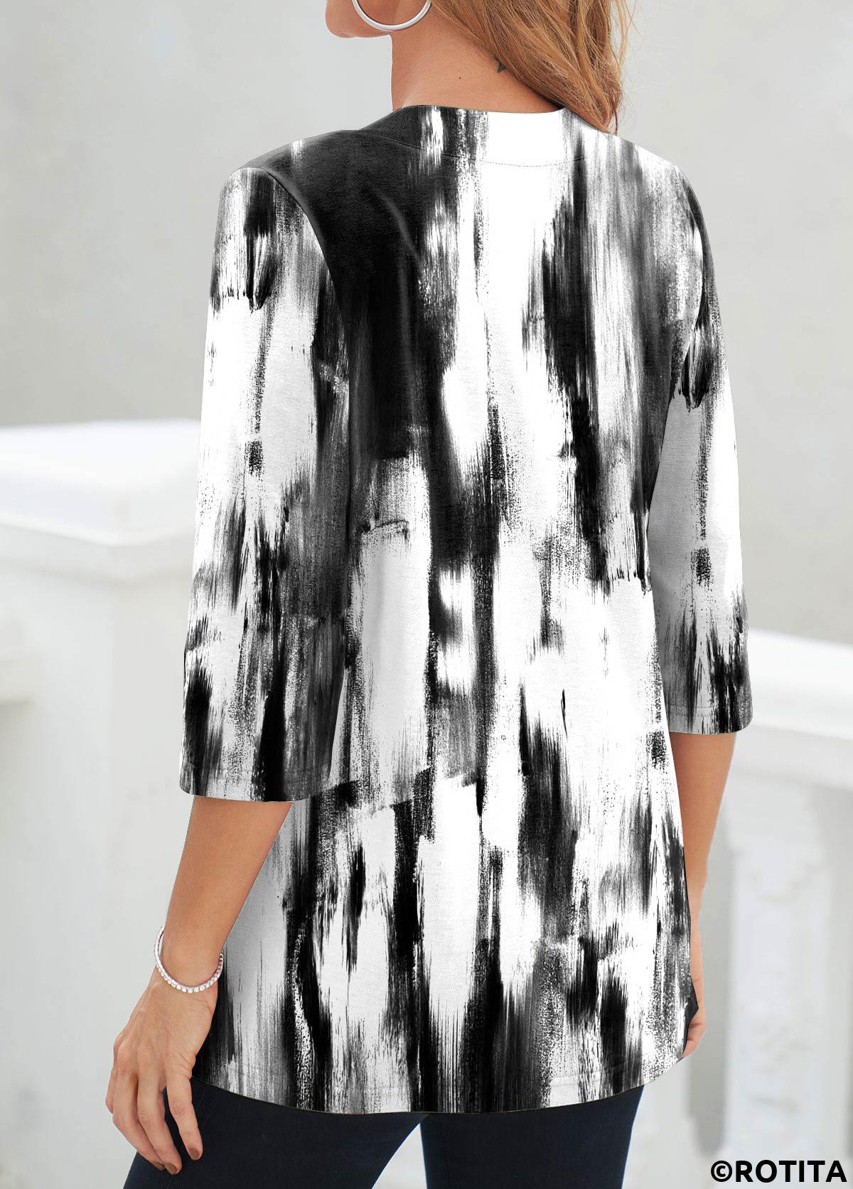Black tops,White tops,Contrast Color tops,Tie Dye tops,ROTITA Fake 2in1 Black Tie Dye Print T Shirt
