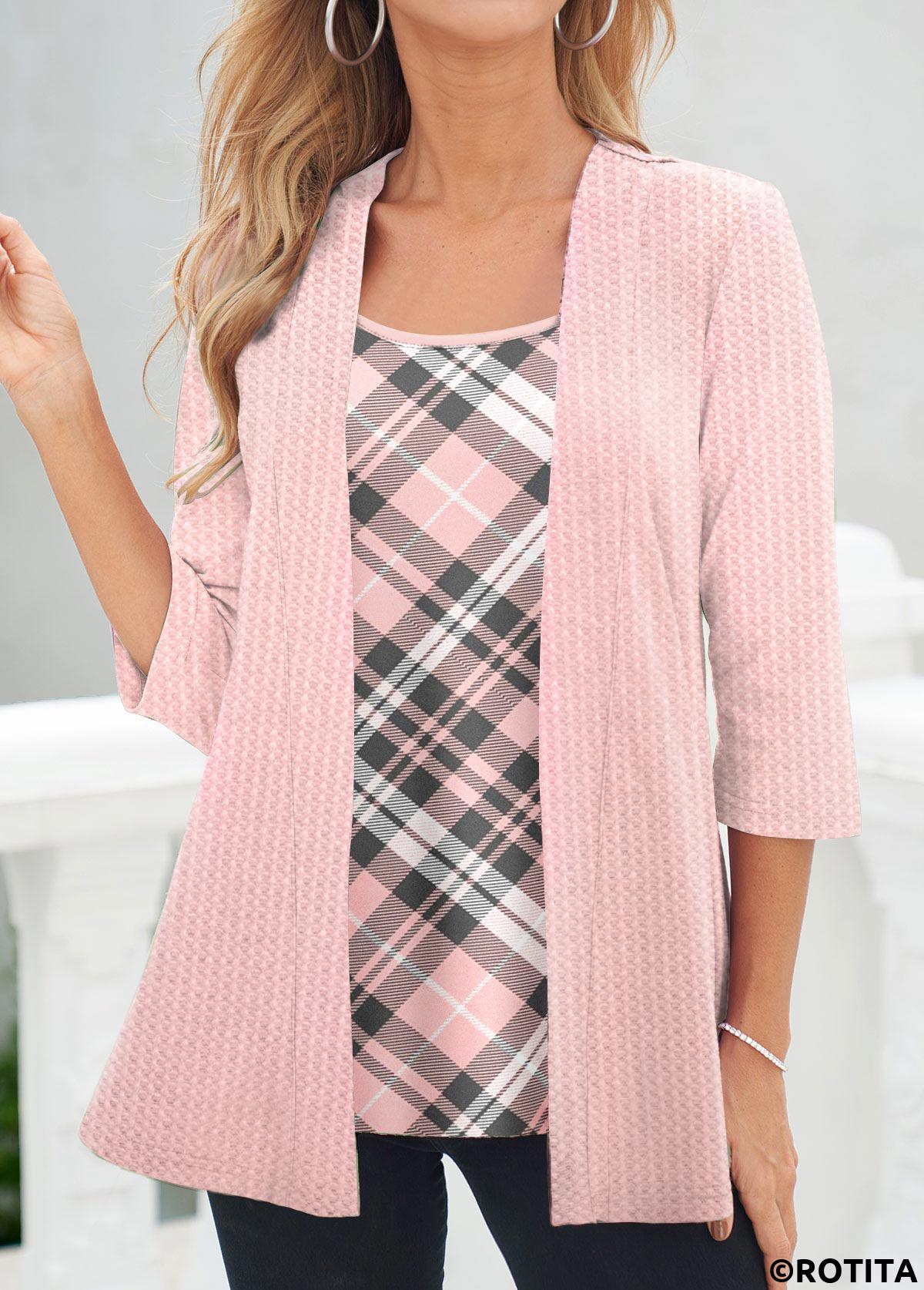 Pink tops,Plaid tops,Striped tops,Geometric tops,ROTITA Fake 2in1 Plaid Pink Cardigan  and Tank Top