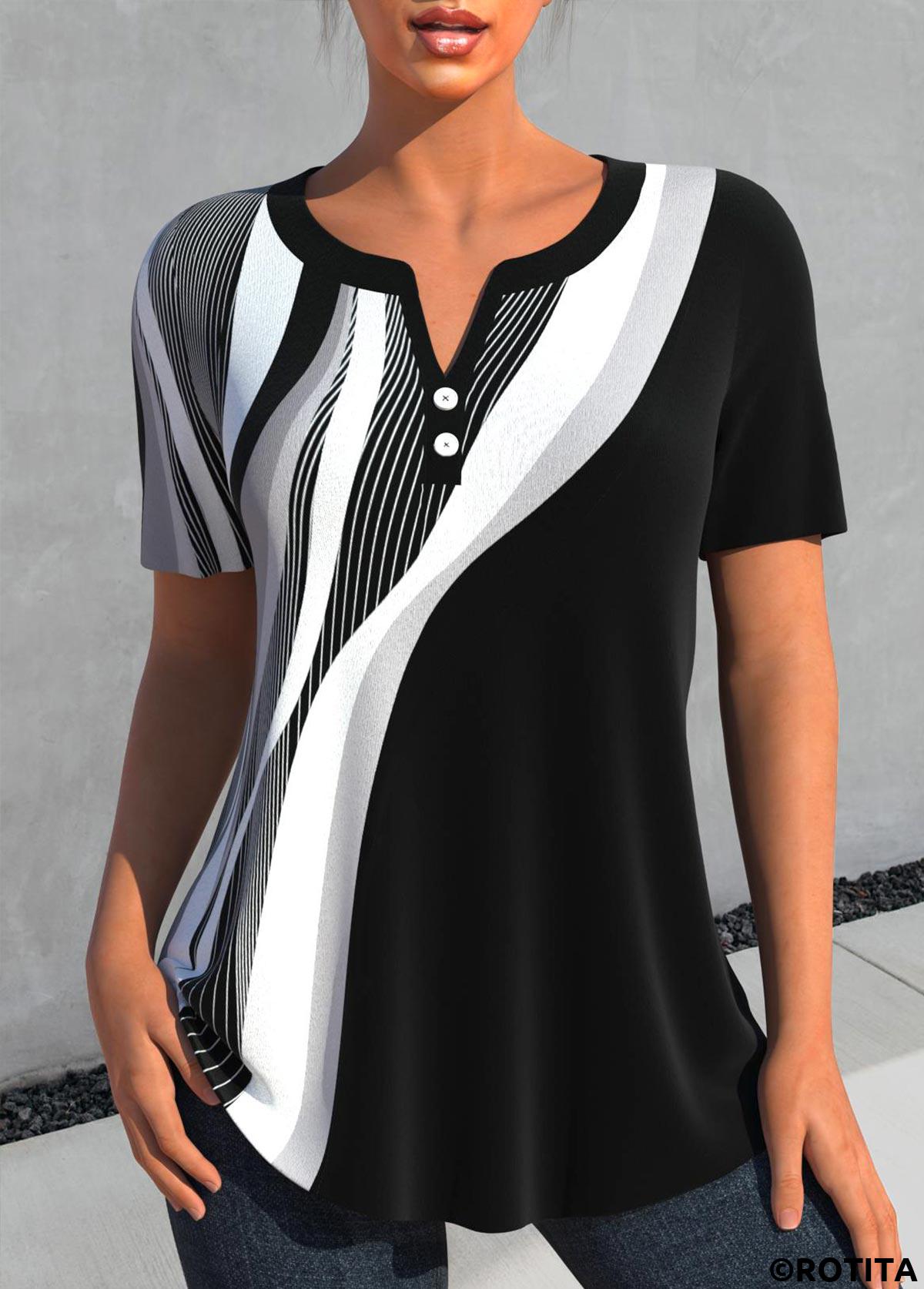 Black tops,Geometric tops,Striped tops,ROTITA Button Geometric Print Black Split Neck Short Sleeve Blouse
