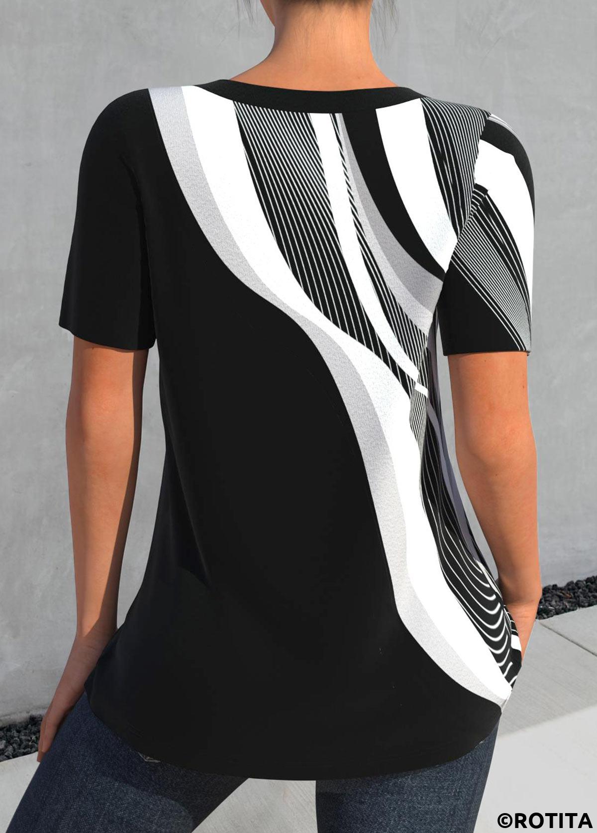Black tops,Geometric tops,Striped tops,ROTITA Button Geometric Print Black Split Neck Short Sleeve Blouse