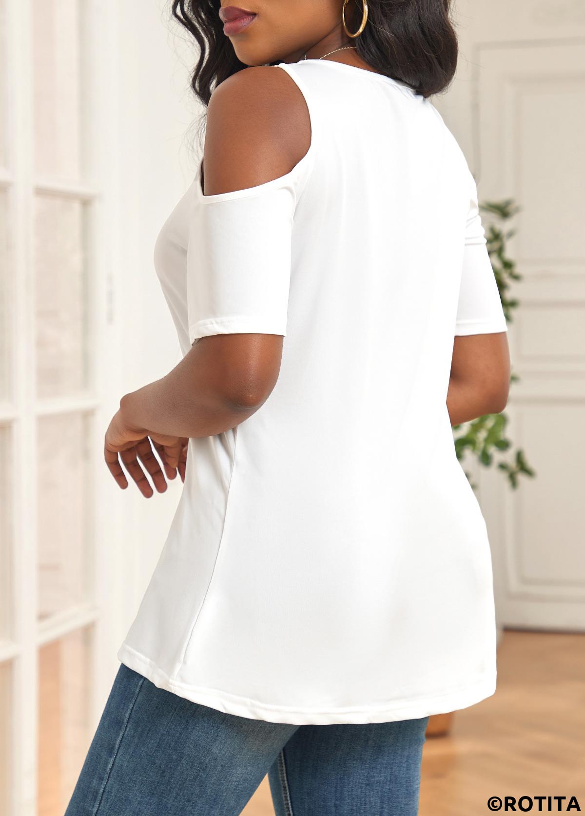 White tops,Contrast Color tops,Cut Out White V Neck T Shirt