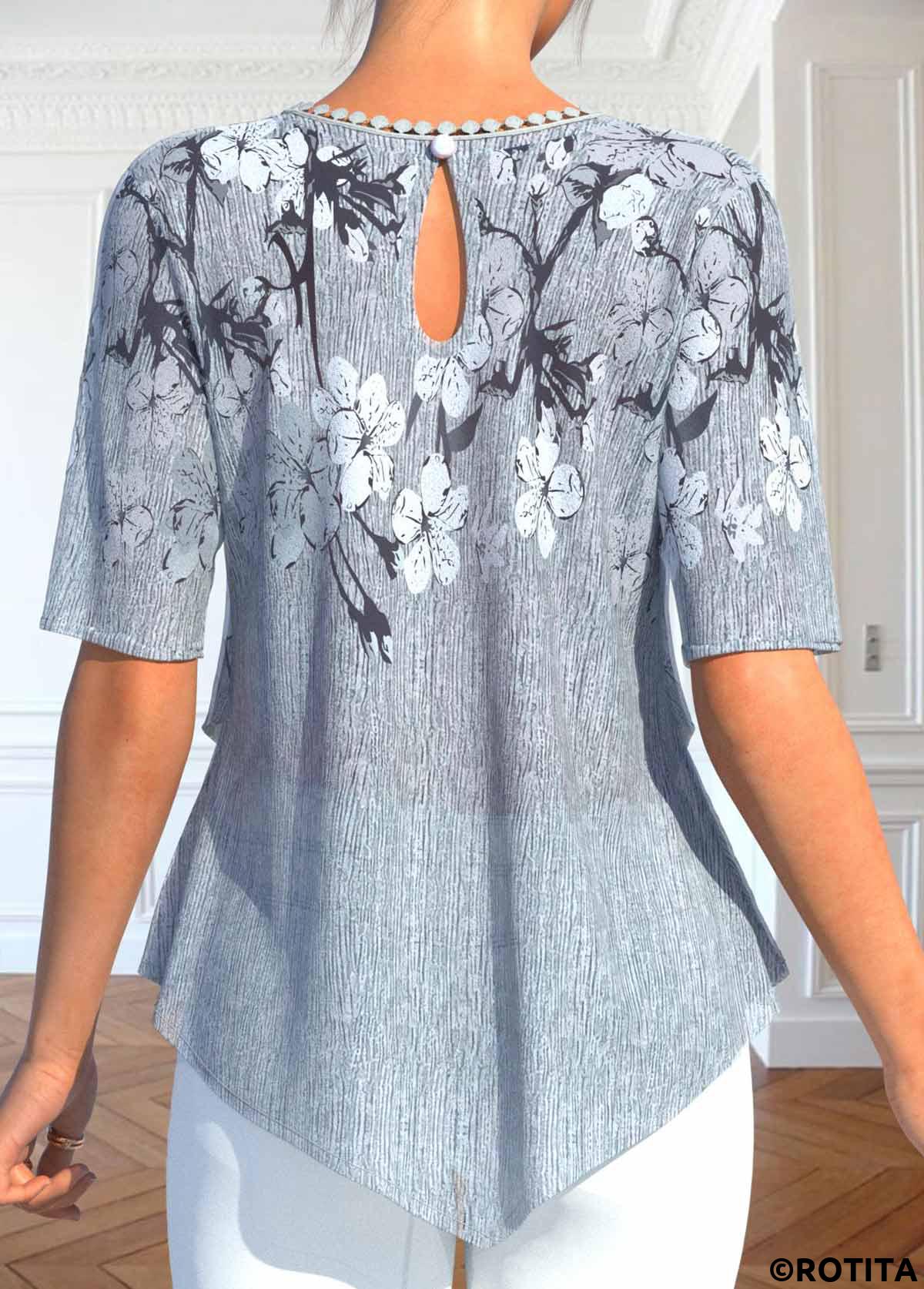 Grey tops,Floral tops,ROTITA Layered Floral Print Grey Fake Two Piece Twinset