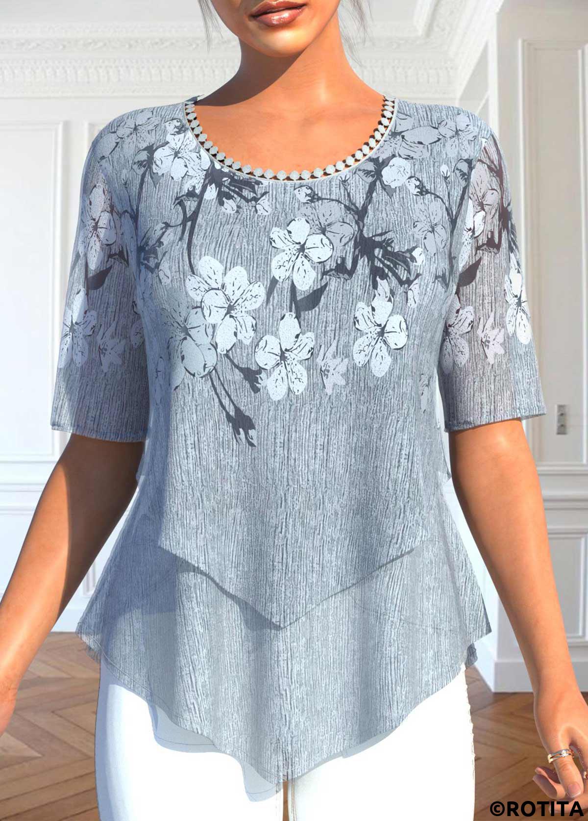 Grey tops,Floral tops,ROTITA Layered Floral Print Grey Fake Two Piece Twinset