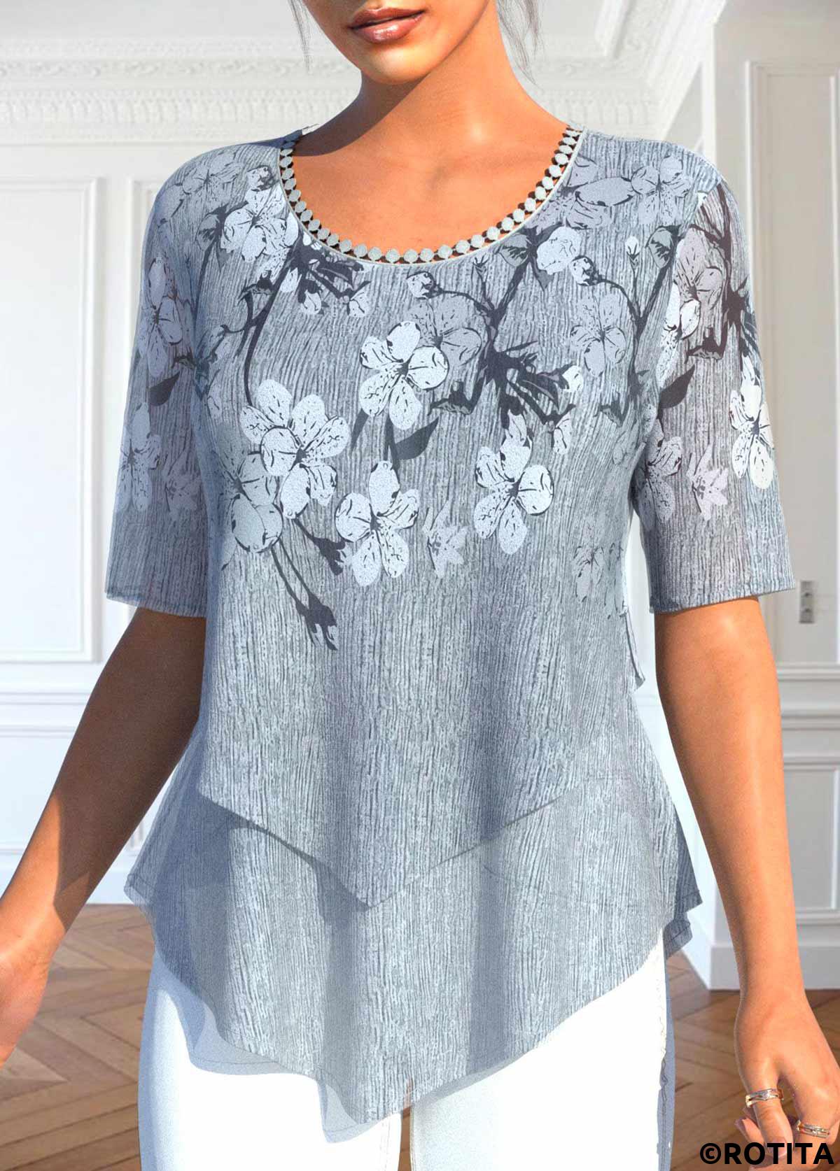Grey tops,Floral tops,ROTITA Layered Floral Print Grey Fake Two Piece Twinset