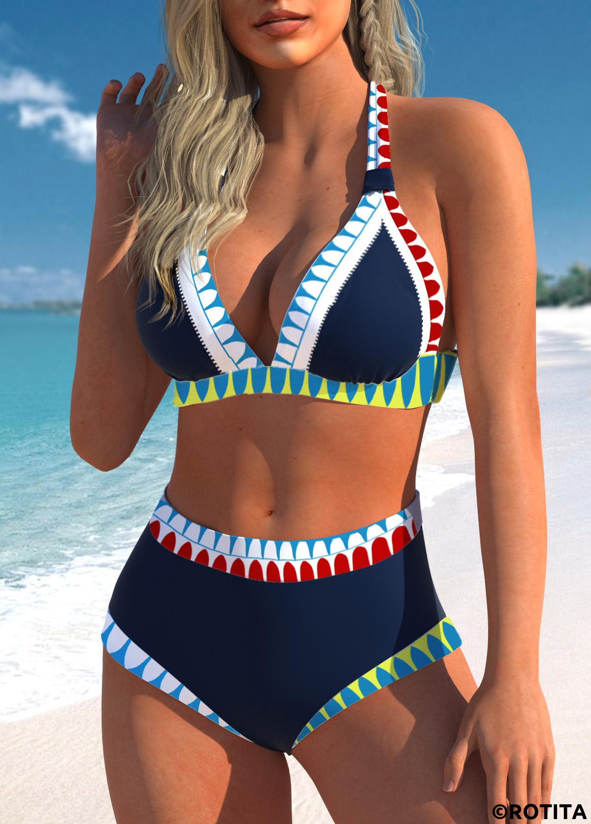 Navy swimwear,Tribal swimwear,ROTITA Patchwork Navy African Tribal Print Bikini Top
