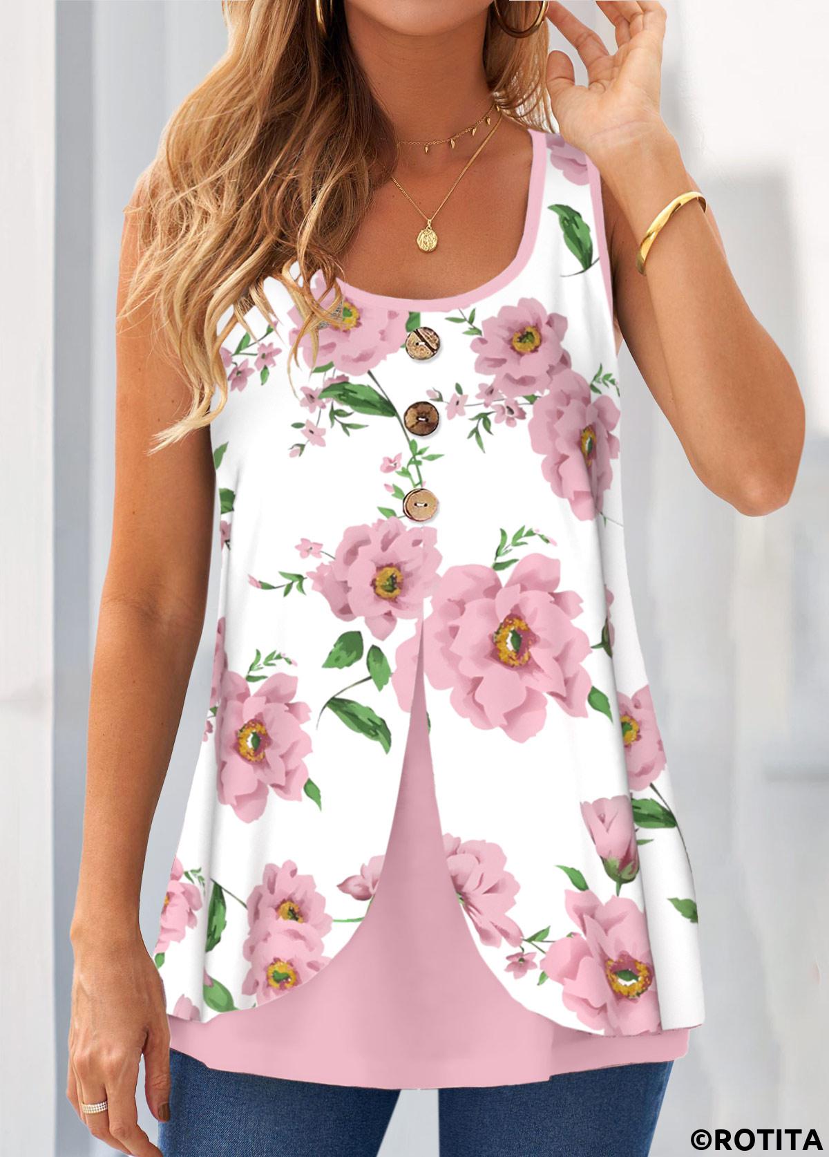 Pink tops,White tops,Floral tops,ROTITA Fake 2in1 Floral Print Pink Tank Top