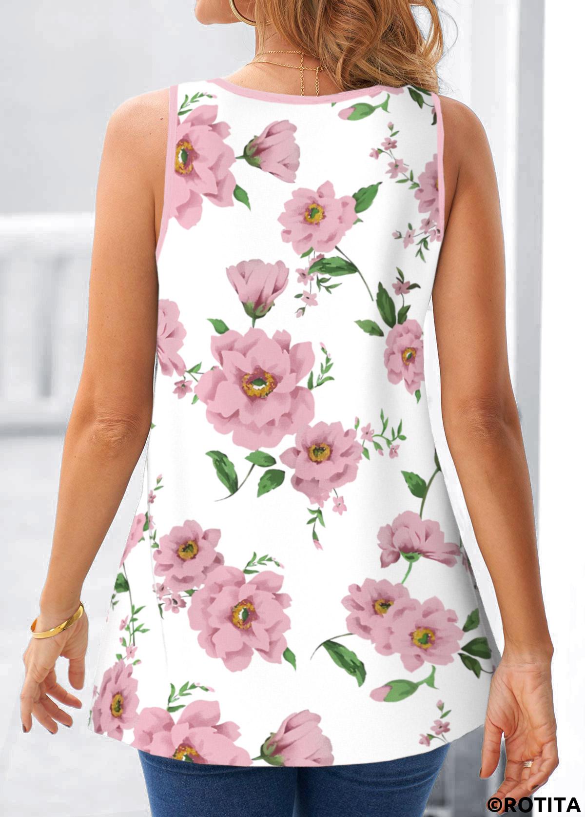 Pink tops,White tops,Floral tops,ROTITA Fake 2in1 Floral Print Pink Tank Top