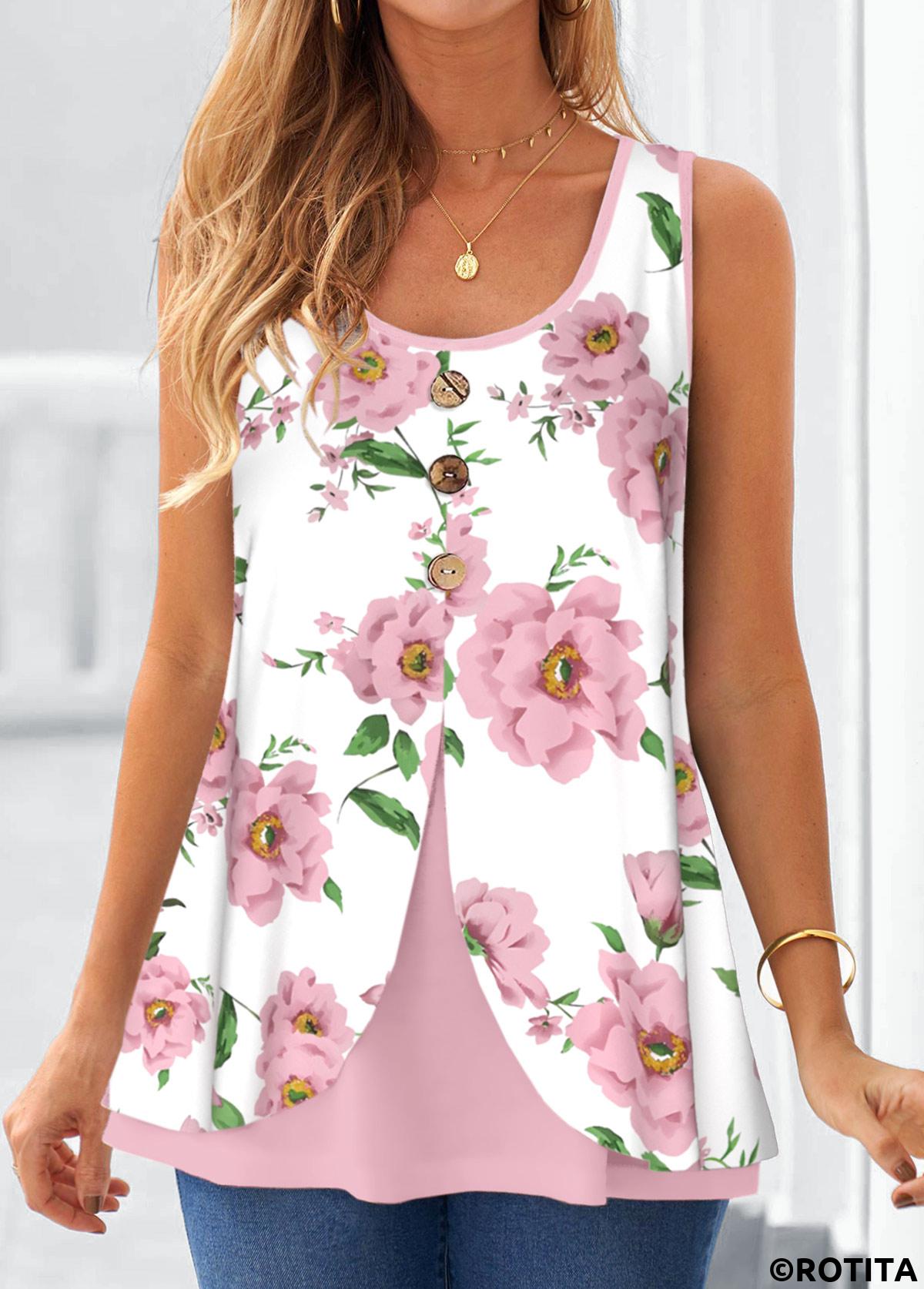Pink tops,White tops,Floral tops,ROTITA Fake 2in1 Floral Print Pink Tank Top