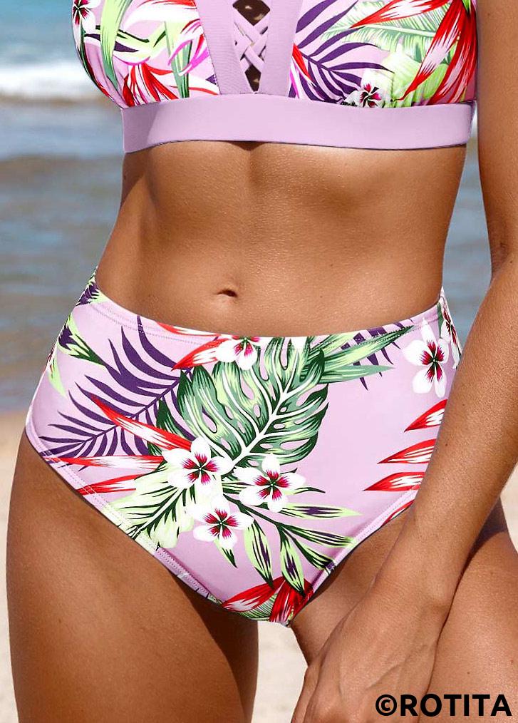 Light Purple swimwear,Plants swimwear,Floral swimwear,ROTITA Light Purple Random Floral Print Bikini Bottom
