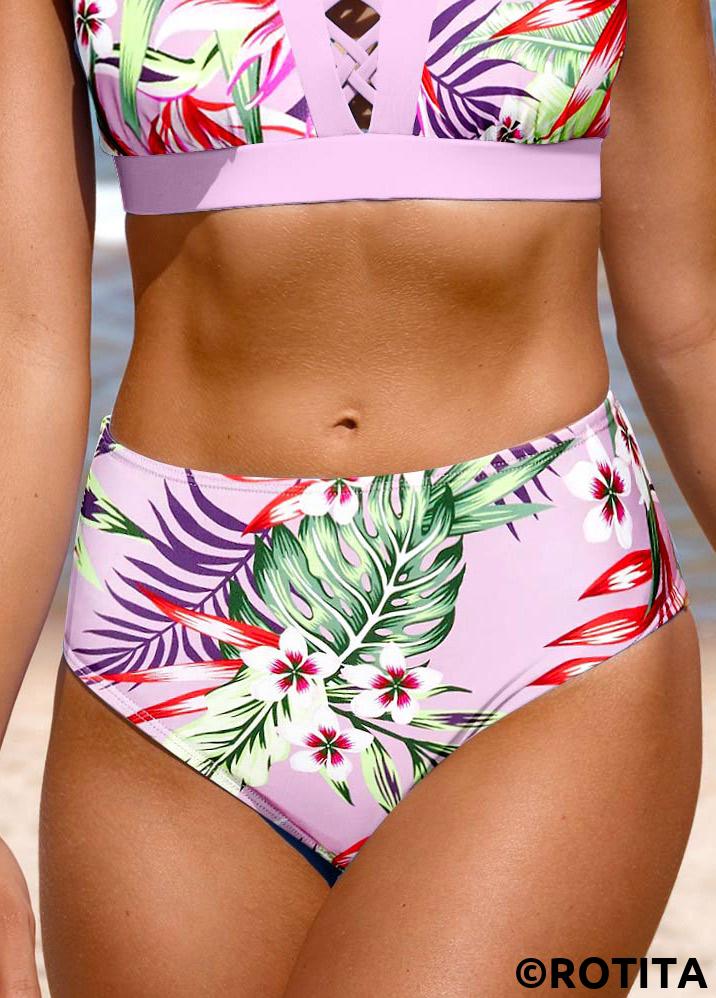 Light Purple swimwear,Plants swimwear,Floral swimwear,ROTITA Light Purple Random Floral Print Bikini Bottom