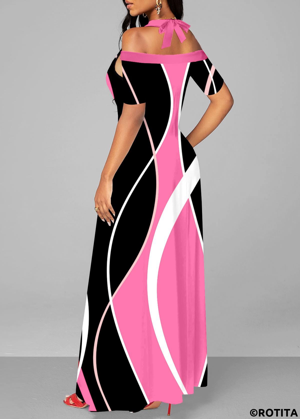 Pink dresses,Black dresses,Geometric dresses,Striped dresses,Vacation dresses,Vacation dresses,ROTITA Cut Out Geometric Print Pink Maxi Dress