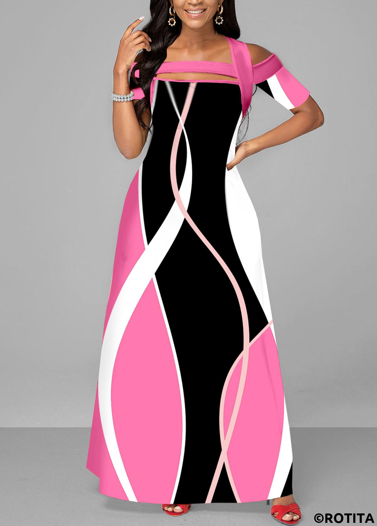 Pink dresses,Black dresses,Geometric dresses,Striped dresses,Vacation dresses,Vacation dresses,ROTITA Cut Out Geometric Print Pink Maxi Dress