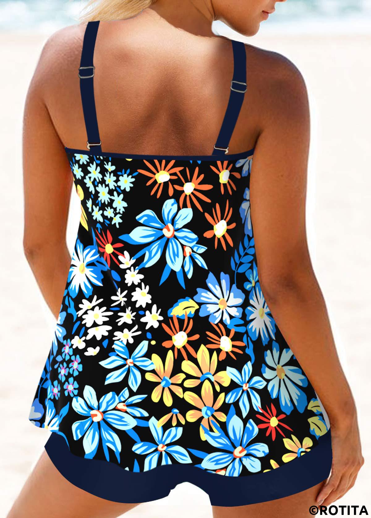 Multi Color swimwear,Floral swimwear,Plants swimwear,ROTITA Circular Ring Multi Color Floral Print Tankini Top