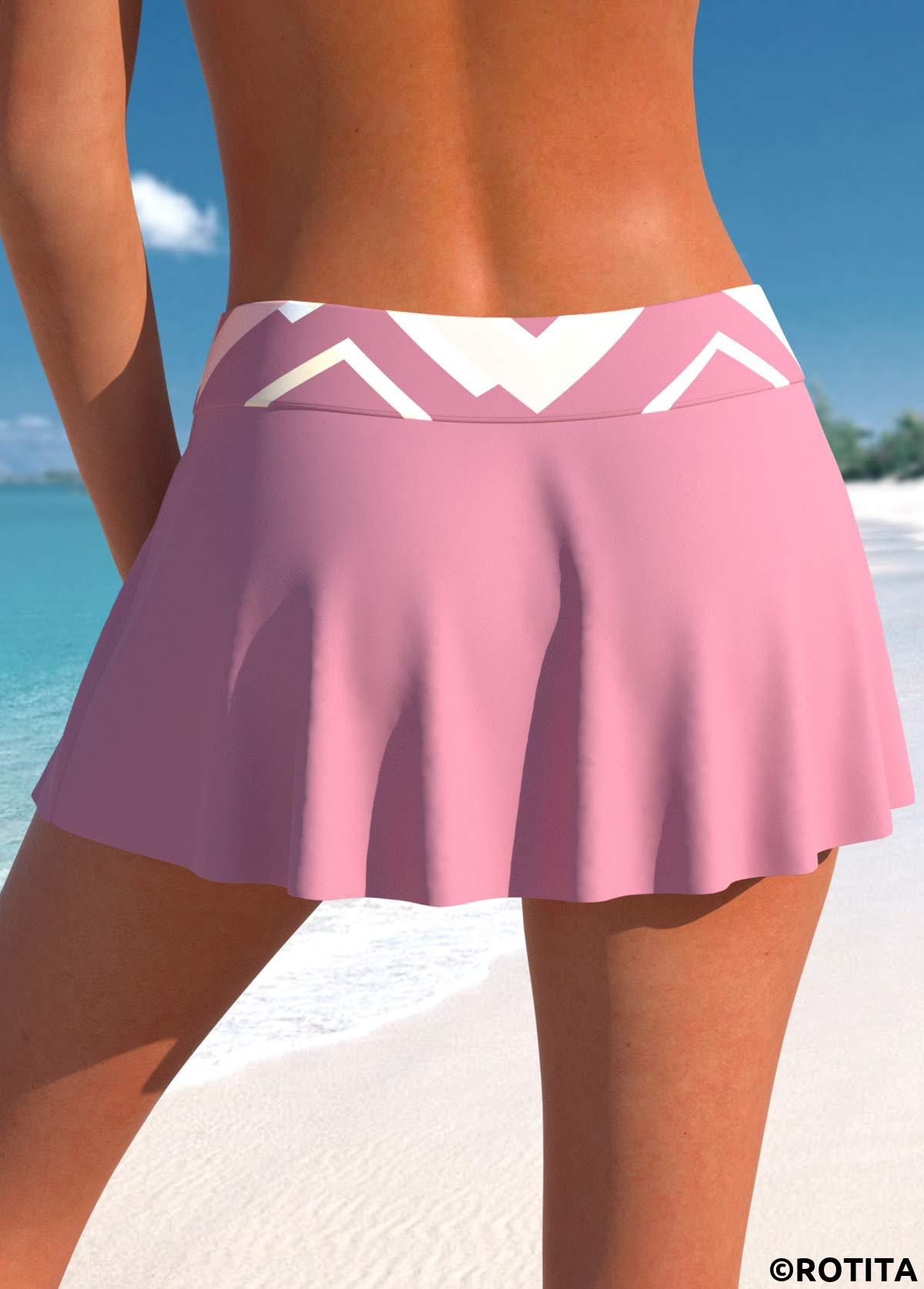 Pink swimwear,Geometric swimwear,Striped swimwear,ROTITA Pink Geometric Print Mid Waisted Pantskirt