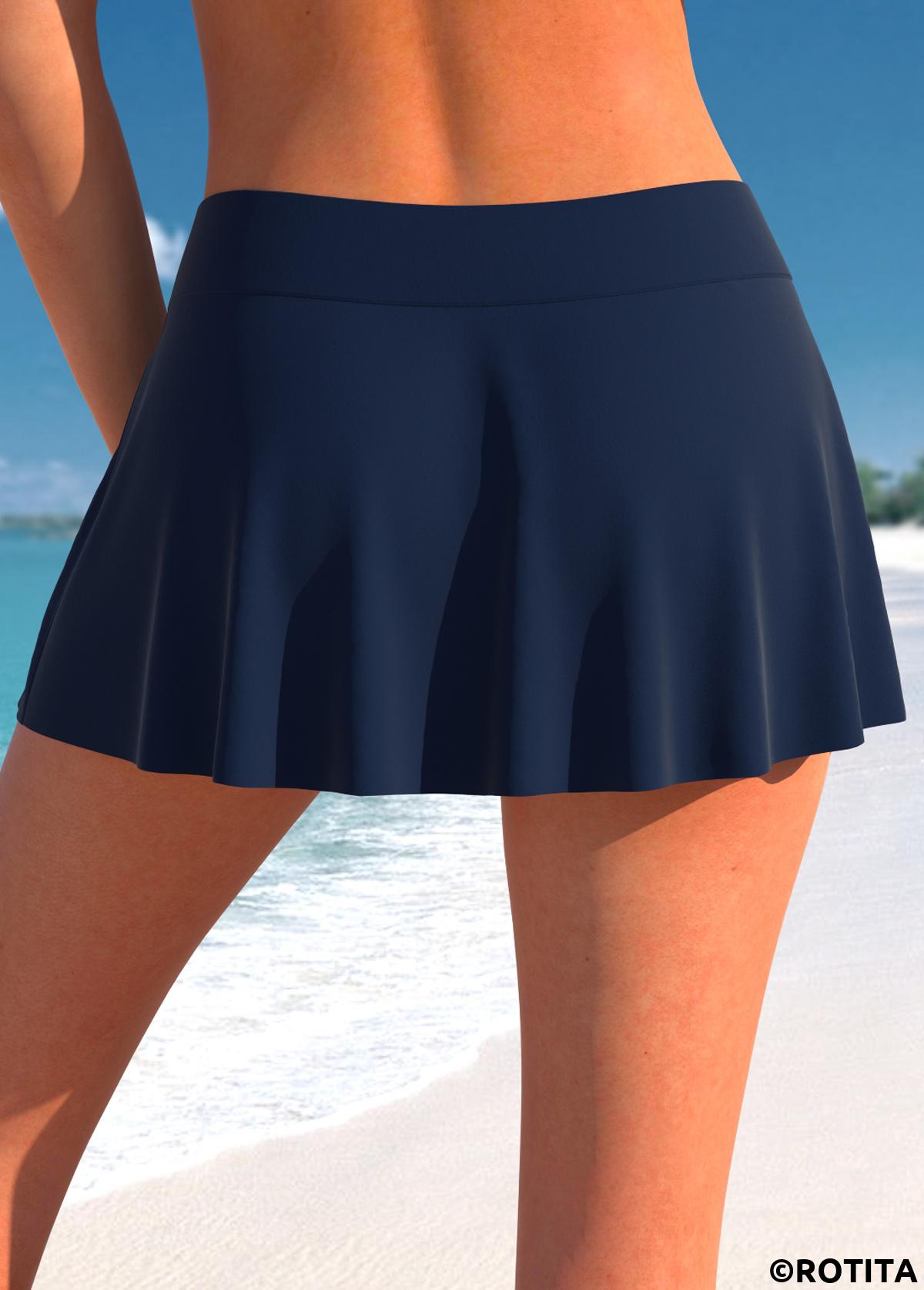 Navy swimwear,Plain Color swimwear,ROTITA Navy High Stretchy Mid Waisted Pantskirt