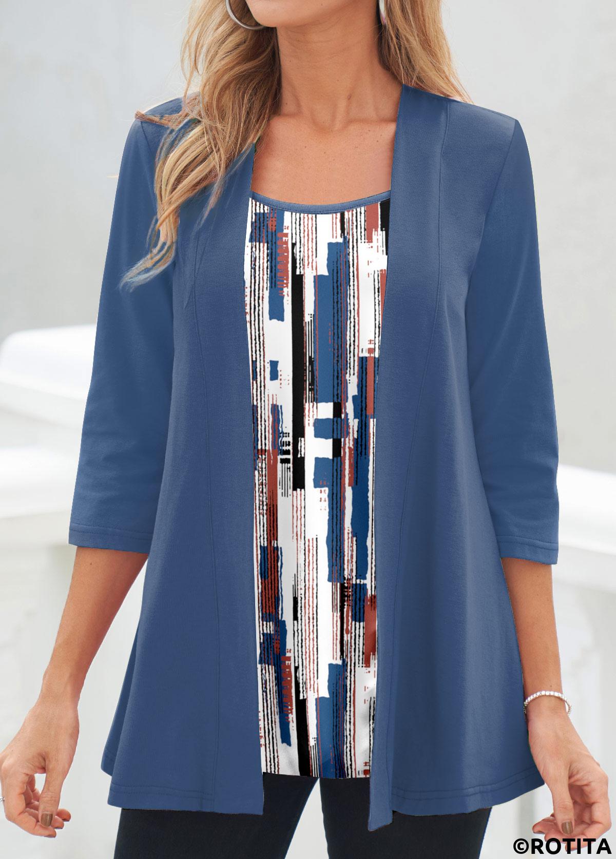 Blue tops,Geometric tops,Striped tops,ROTITA Fake 2in1 Geometric Print Blue Cardigan  and Tank Top