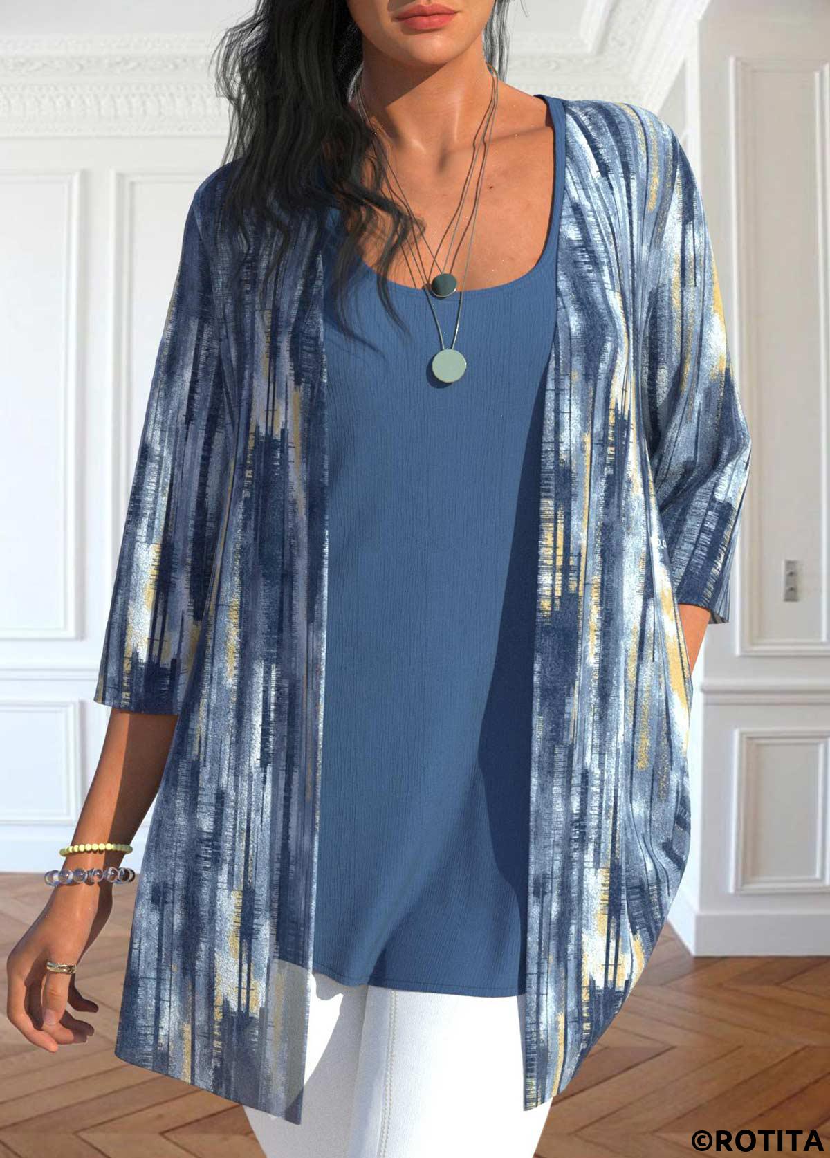 Dusty Blue tops,Tie Dye tops,ROTITA Two Piece Tie Dye Print Cardigan  and Tank Top