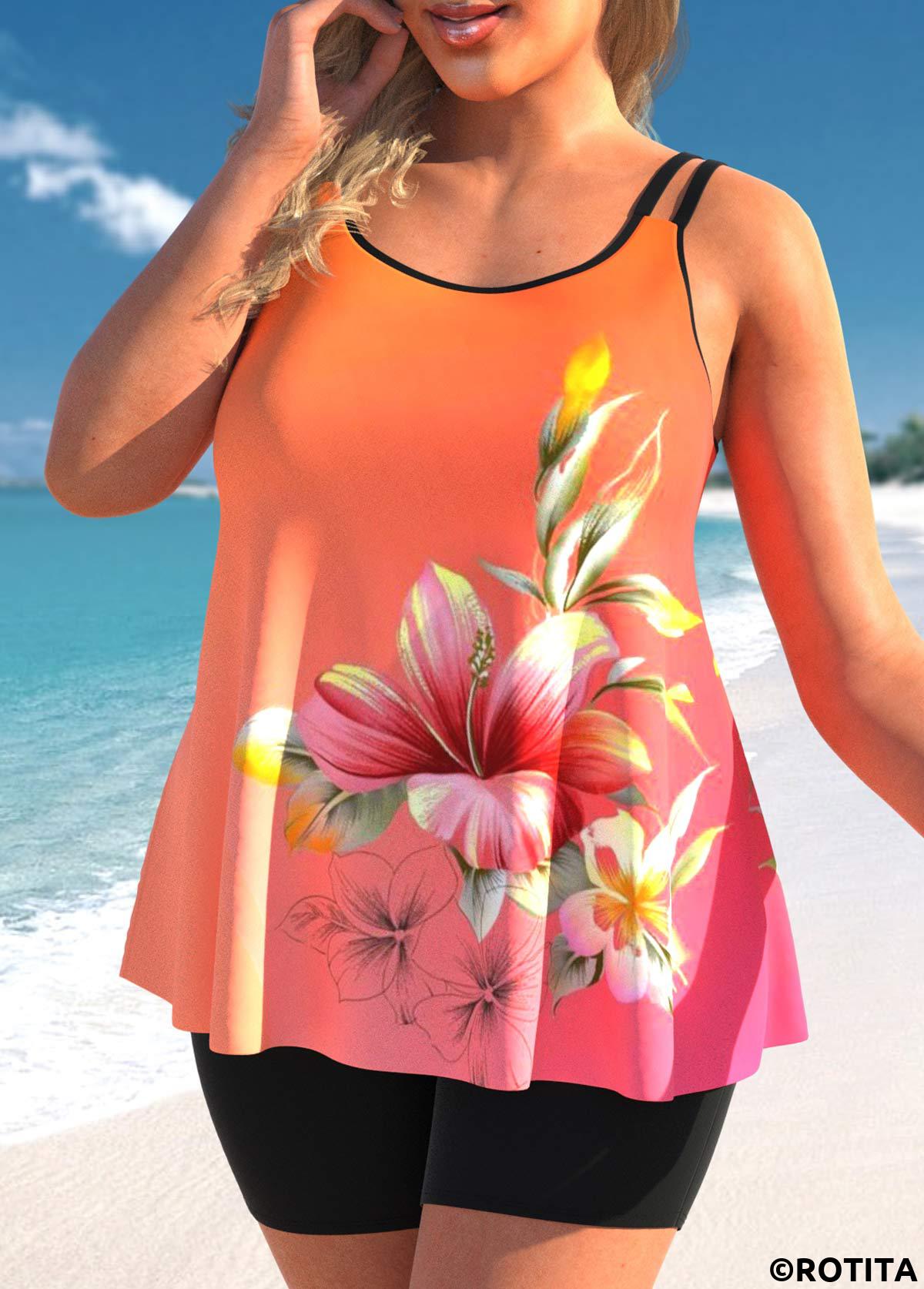 Multi Color swimwear,Floral swimwear,Ombre swimwear,ROTITA Multi Color Floral Print Tankini Top