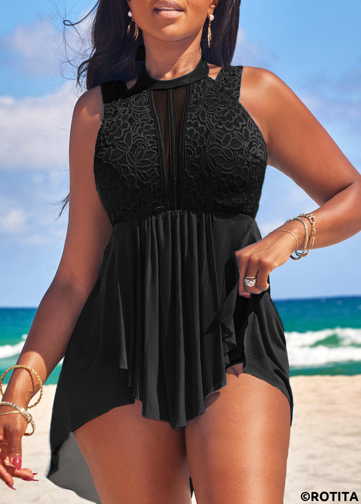Black swimwear,Plain Color swimwear,ROTITA Lace Black Mid Waisted Tankini Set
