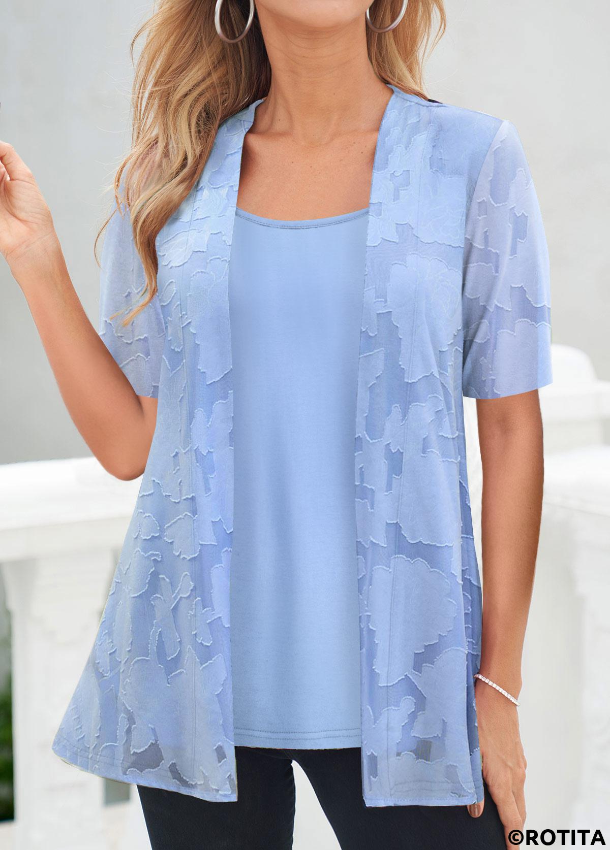 ROTITA Blue Square Neck Short Sleeve Fake Two Piece Twinset