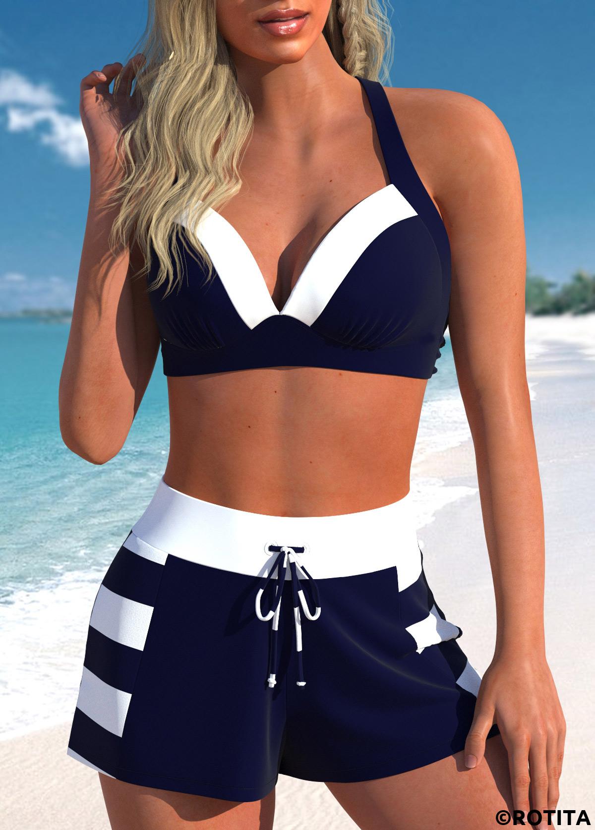 Navy plus size,Striped plus size,Geometric plus size,ROTITA Plus Size High Waisted Patchwork Striped Bikini Set