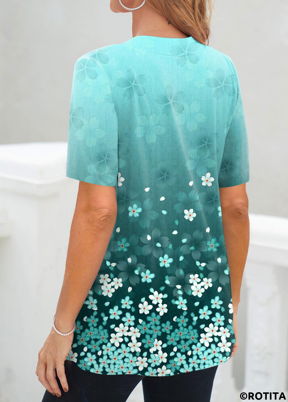 ROTITA Floral Print Cyan Square Neck Fake Two Piece Twinset