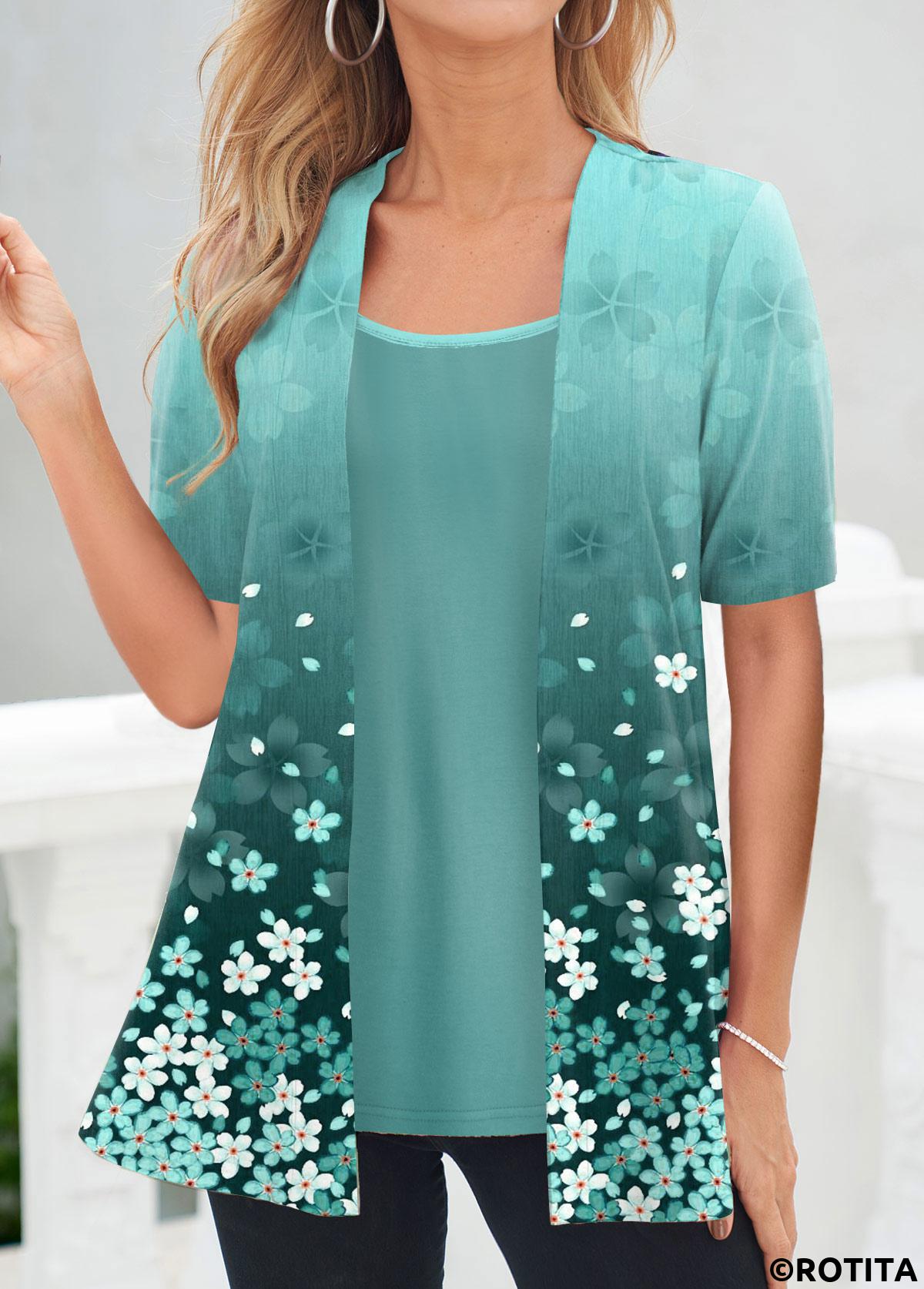 ROTITA Floral Print Cyan Square Neck Fake Two Piece Twinset