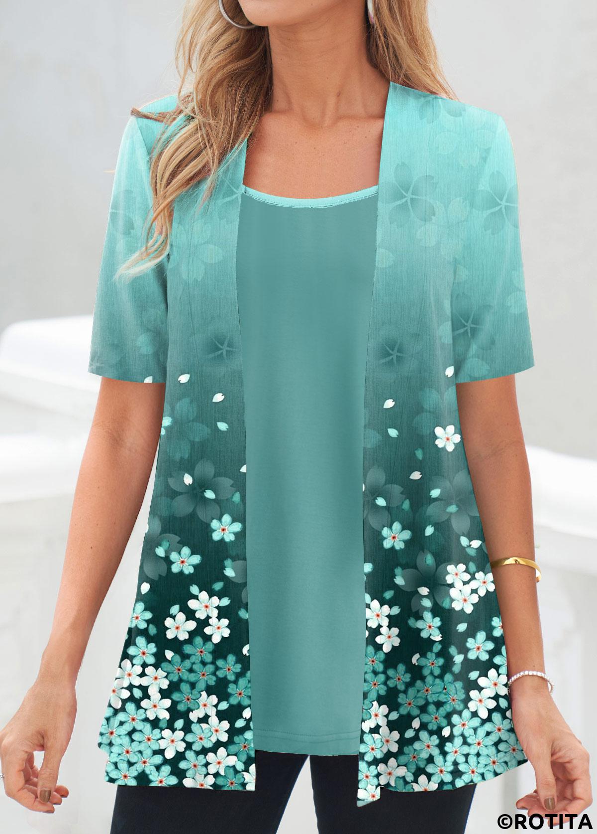 ROTITA Floral Print Cyan Square Neck Fake Two Piece Twinset