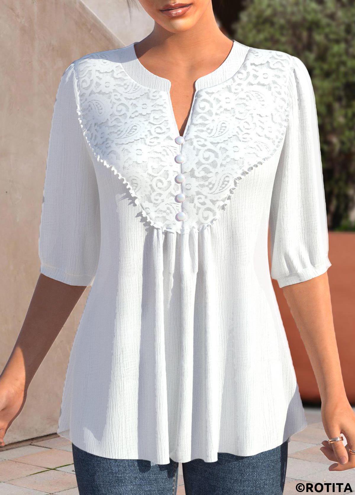 White tops,Plain Color tops,ROTITA Lace White Split Neck Half Sleeve Blouse