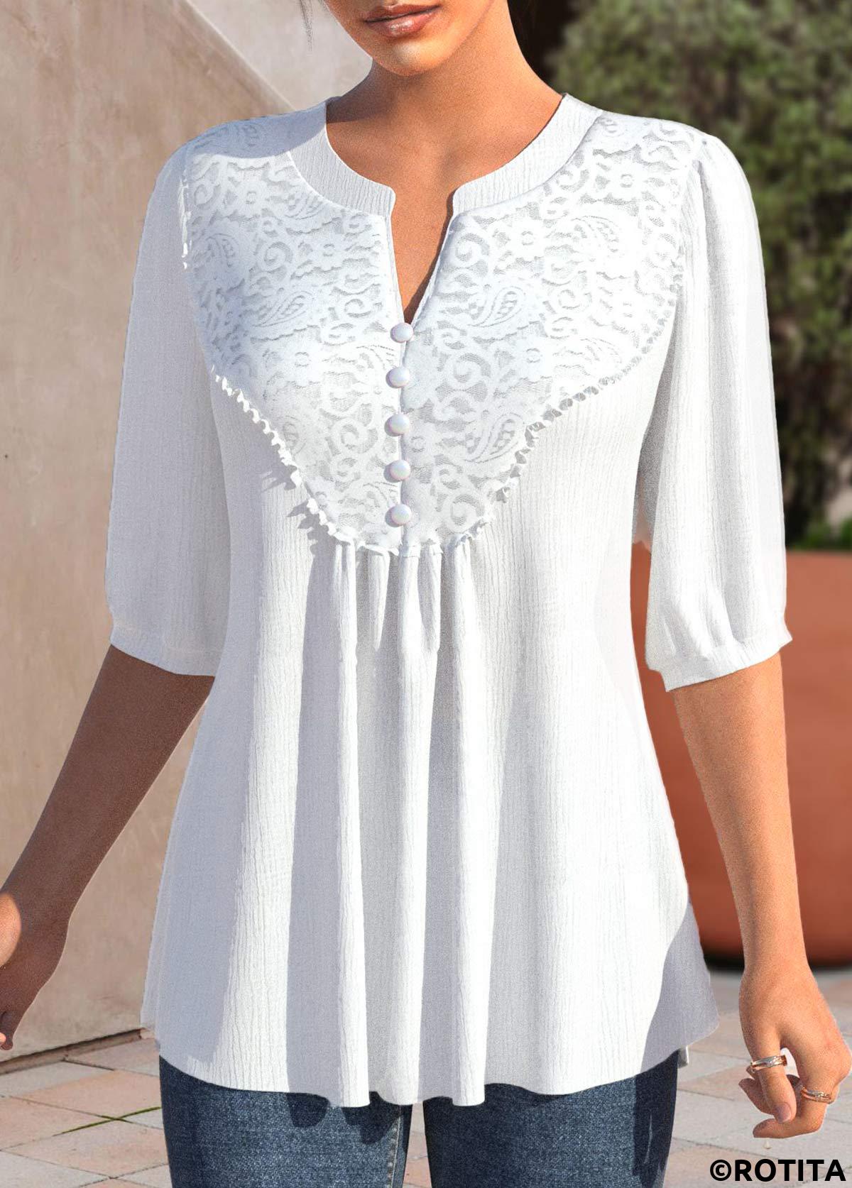 White tops,Plain Color tops,ROTITA Lace White Split Neck Half Sleeve Blouse